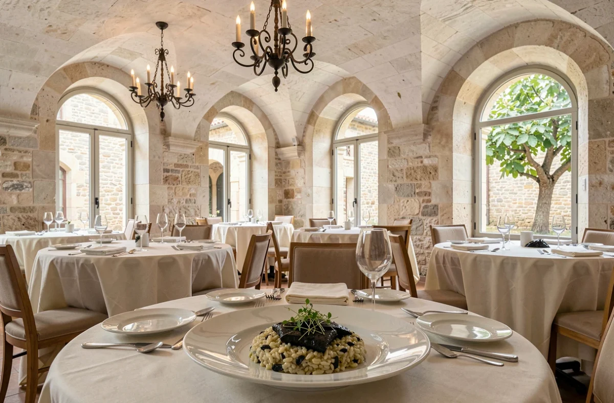 Salle voûtée en pierre du Mas Saint-Antonin à Pamiers avec risotto élaboré et décor mas provençal raffiné