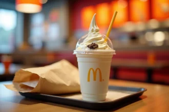 McFlurry McDonald's posé sur un plateau dans un restaurant fast food avec décor rouge et orange en arrière-plan