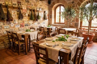 Salle de restaurant italien typique en Occitanie avec décor rustique, carrelage en terre cuite et tables en bois dressées