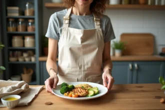 Femme préparant une assiette équilibrée avec quinoa, poulet grillé et légumes dans une cuisine naturelle — idée de menu sain pour débutants en nutrition