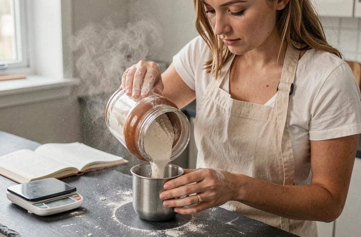 Femme versant de la farine dans une tasse à mesurer au-dessus d'un comptoir en ardoise, avec balance numérique et carnet de recettes en arrière-plan