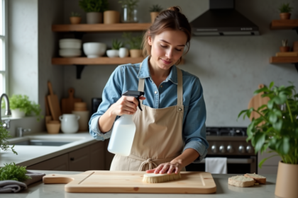 Jeune femme nettoyant une planche en bois dans la cuisine