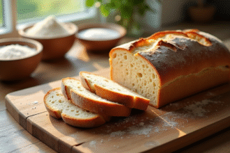 Pain rustique fait maison tranché sur une planche en bois