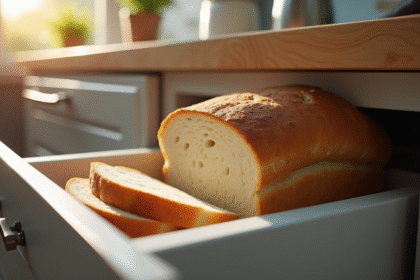 Pain rustique tranché placé dans un congélateur moderne