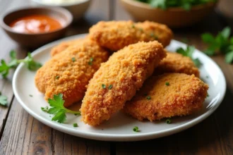 Panure de poulet croustillante dorée servie sur une assiette blanche avec une sauce dip et des herbes fraîches