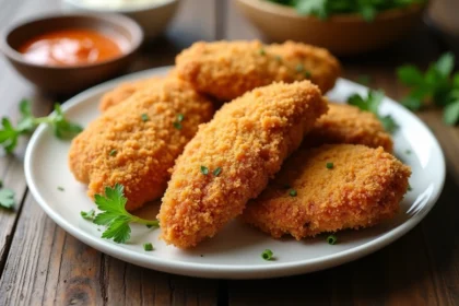 Panure de poulet croustillante dorée servie sur une assiette blanche avec une sauce dip et des herbes fraîches