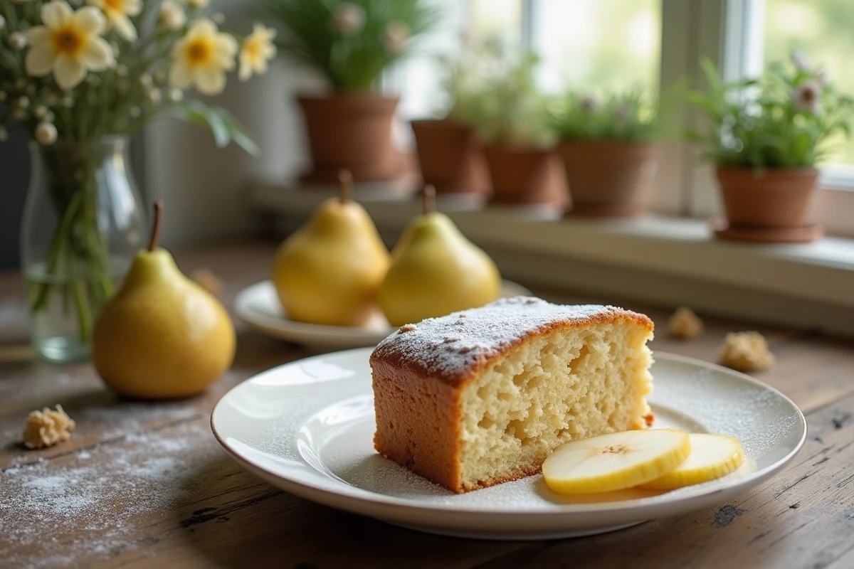 Part de gâteau aux poires sur une assiette en céramique dans un cadre rustique