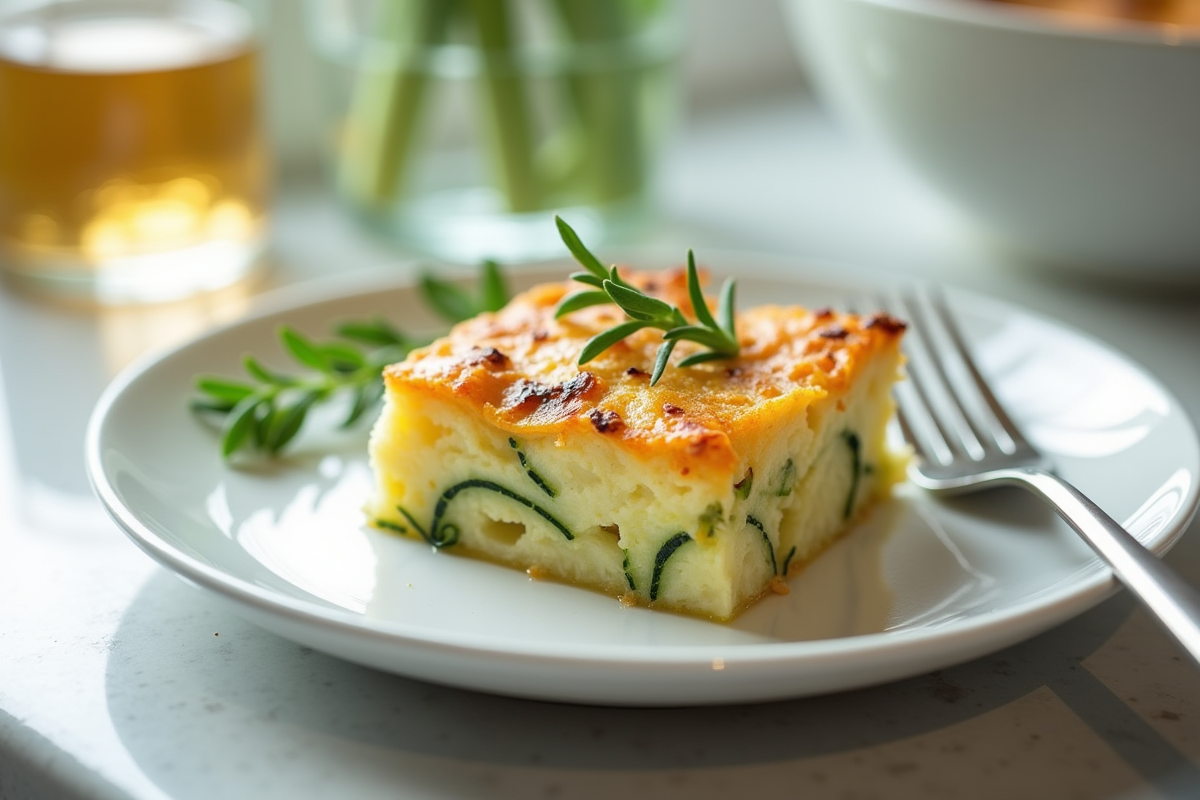 Une portion de gratin de courgette et pomme de terre garnie d
