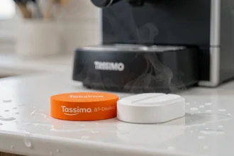 Pastille de détartrage blanche et T-Disc orange Tassimo posées côte à côte sur une surface en céramique humide, avec une machine Tassimo floue en arrière-plan