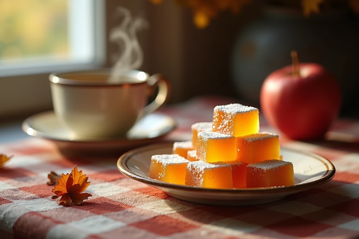 Assiette en céramique rustique avec des cubes de pâte de fruit à la pomme maison sucrés, accompagnée d'une tasse de thé fumante et de décoration d'automne