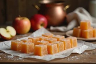 Pâtes de fruit à la pomme maison enrobées de sucre cristallisé sur papier parchemin, avec une pomme fraîche coupée en deux et une casserole en cuivre en arrière-plan