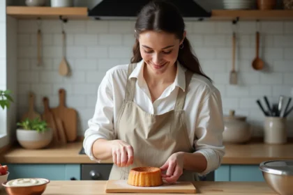 Jeune femme versant la pâte à canelés dans un moule en cuivre