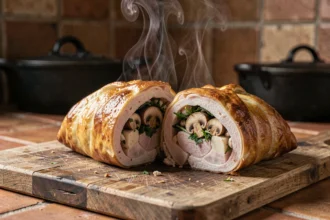 Paupiette de porc maison coupée en deux sur une planche en bois, révélant une farce aux herbes et aux champignons