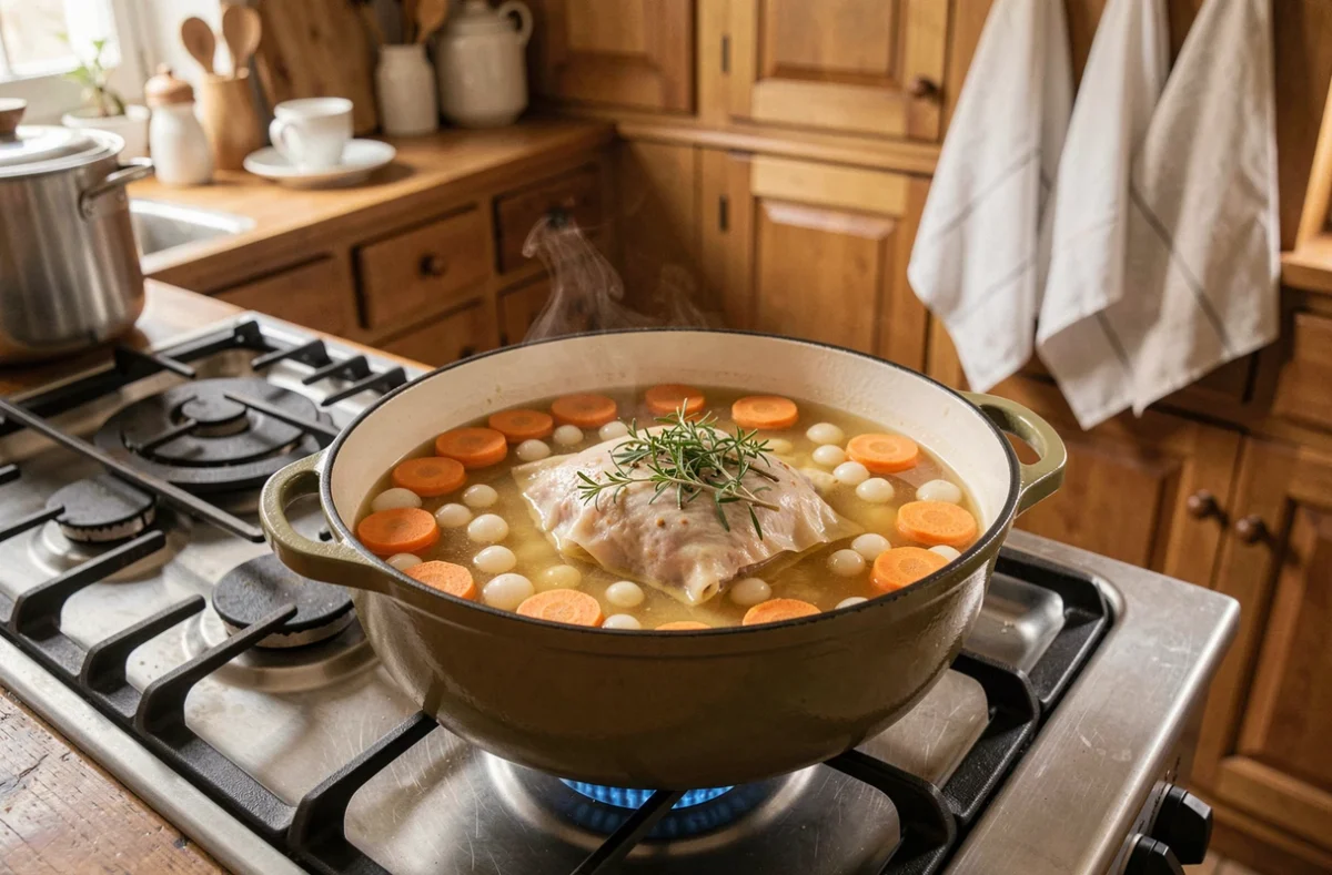 Paupiette de porc mijotant dans un bouillon doré avec des légumes dans une cocotte en fonte émaillée sur une cuisinière
