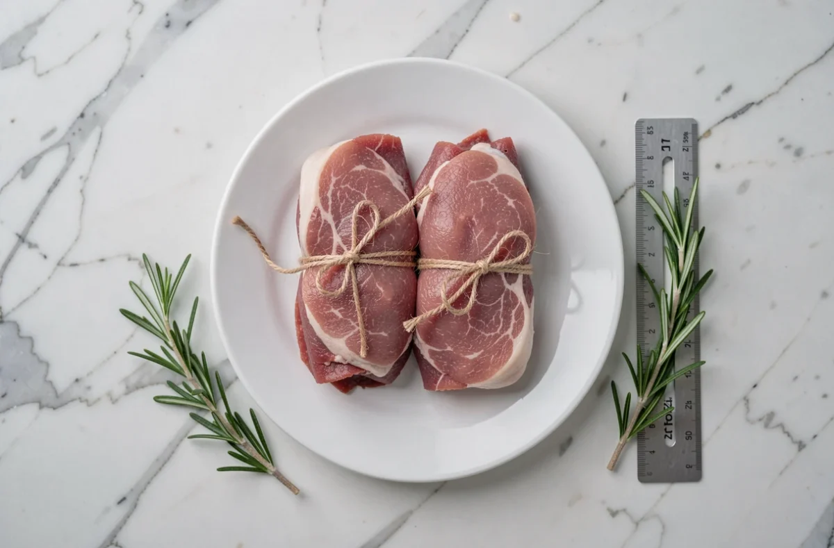 Deux paupiettes de porc crues ficelées sur une assiette blanche avec une règle pour mesurer l'épaisseur avant cuisson