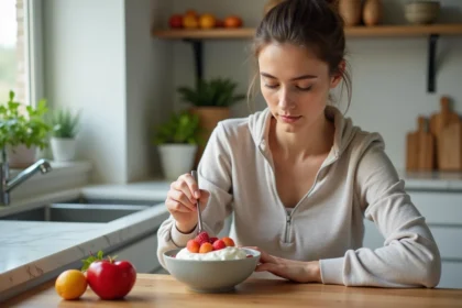 Jeune femme mangeant un yaourt grec aux fruits frais