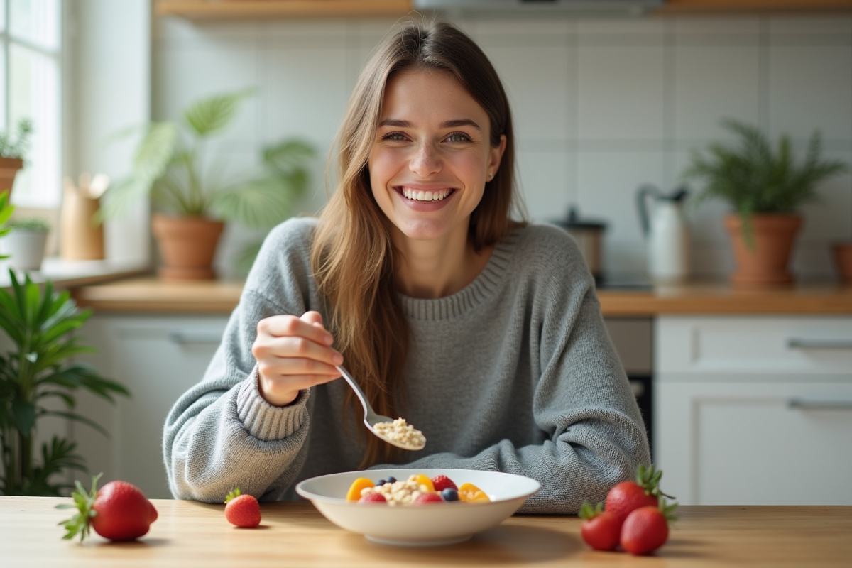 Jeune femme souriante dégustant un bol de fruits et flocons d'avoine