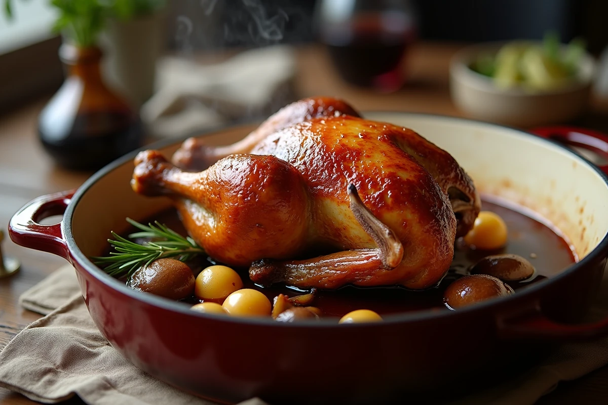 Pigeon en cocotte doré avec jus de cuisson, oignons grelots et champignons