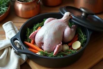 Pigeon cru dans une cocotte en fonte avec thym, ail et échalotes avant cuisson