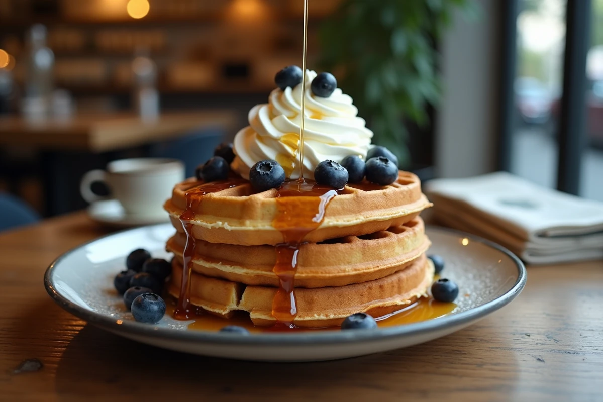 Pile de gaufres croustillantes garnies de crème fouettée, myrtilles et sirop d'érable dans un café vintage