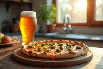 Pizza gourmet avec houblons et réduction IPA sur un plan de travail