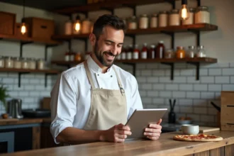 Pizzaiolo souriant vérifiant commandes sur tablette