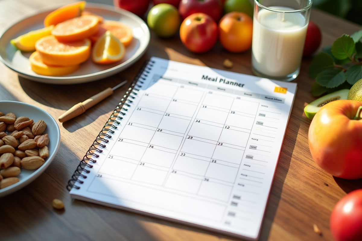Planificateur de repas hebdomadaire avec fruits et noix
