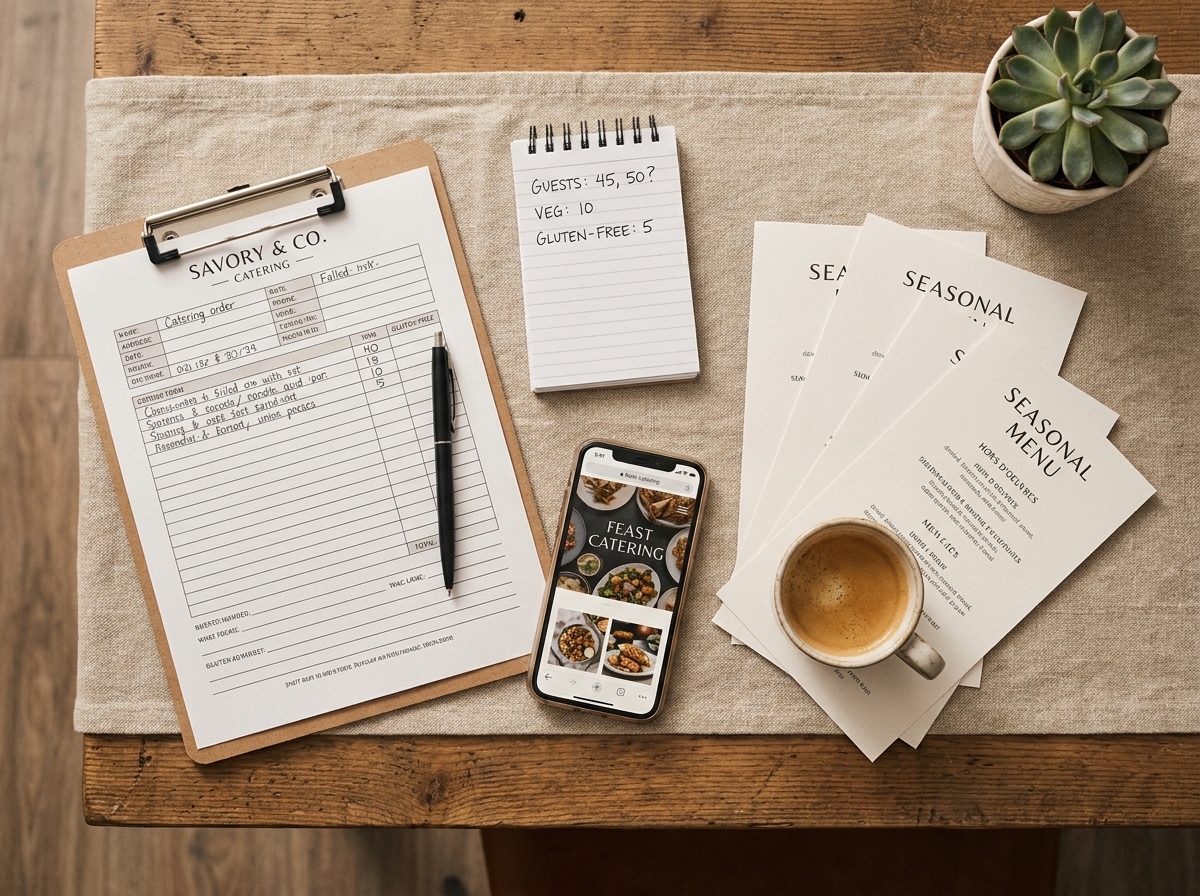 Vue aérienne d'une table avec formulaire de commande traiteur, menu imprimé et notes sur le nombre de convives
