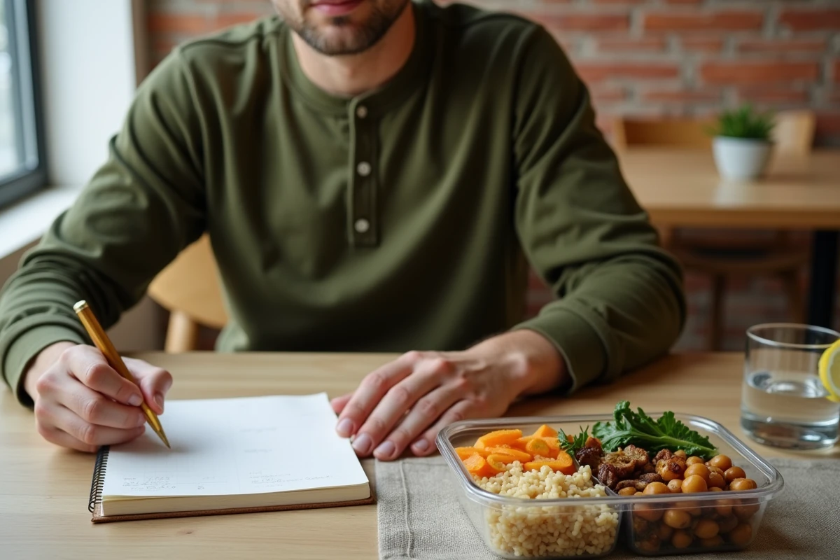 Homme planifiant ses menus de la semaine avec un carnet nutritionnel et une lunch box préparée à l'avance — organisation repas sains pour débuter en nutrition