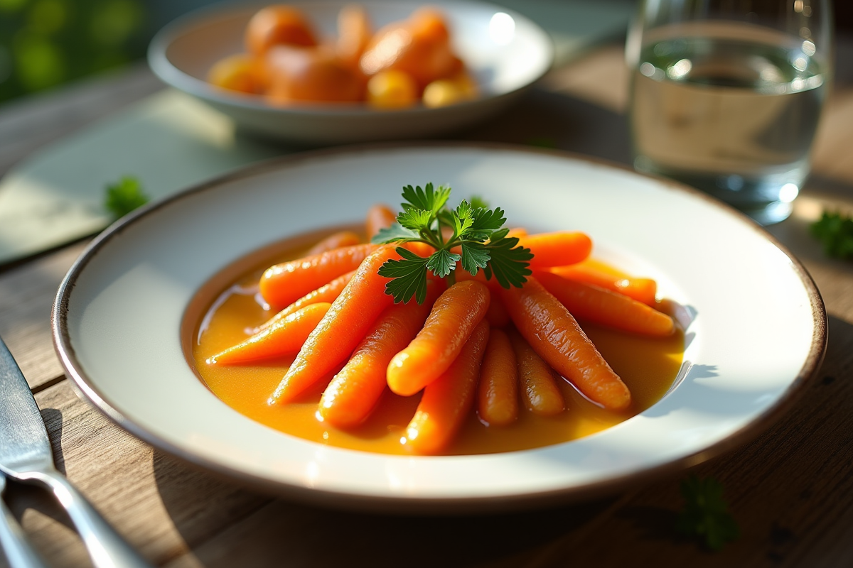 Assiette de carottes à la vichy garnies de persil sur table rustique