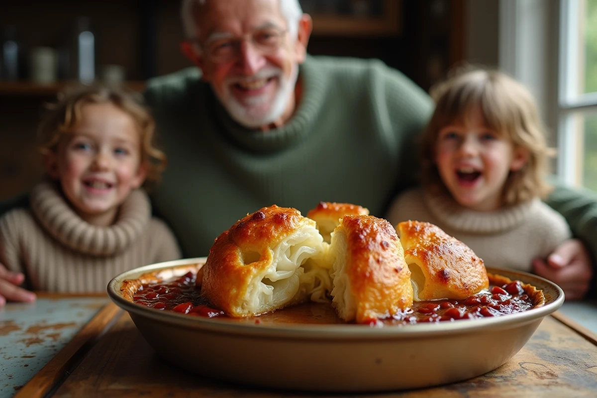Chou farci cuit avec famille réunie en arrière-plan