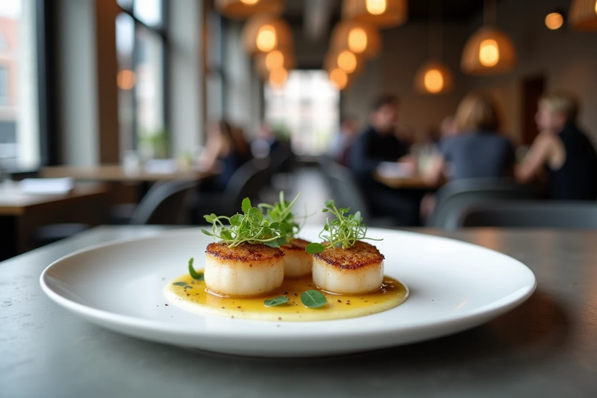 Plat gastronomique de coquilles Saint-Jacques dressé avec précision dans un restaurant moderne et épuré du centre de Lille