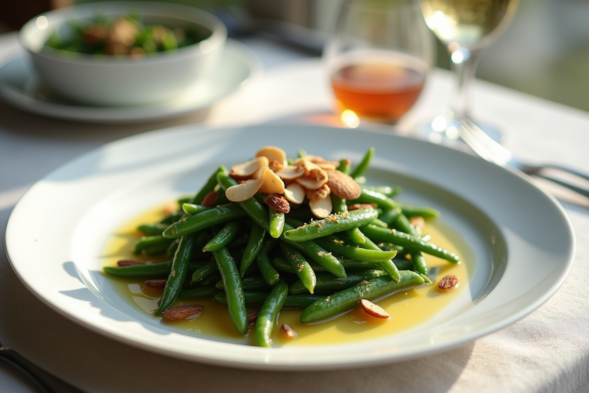 Plat gourmet de haricots verts sautés avec amandes sur une assiette blanche