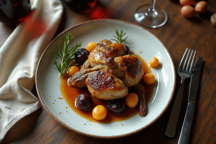 Plat de lapin aux prunes présenté sur une table en bois rustique