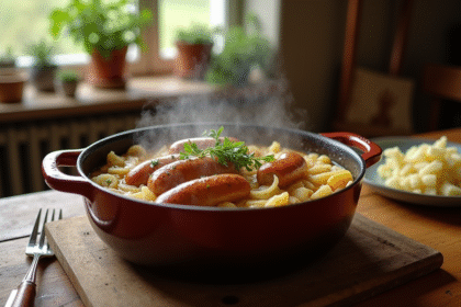 Plat traditionnel de diots de Savoie avec chou en cocotte rustique