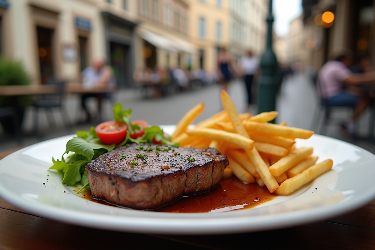 Assiette de steak saignant avec frites et salade en terrasse