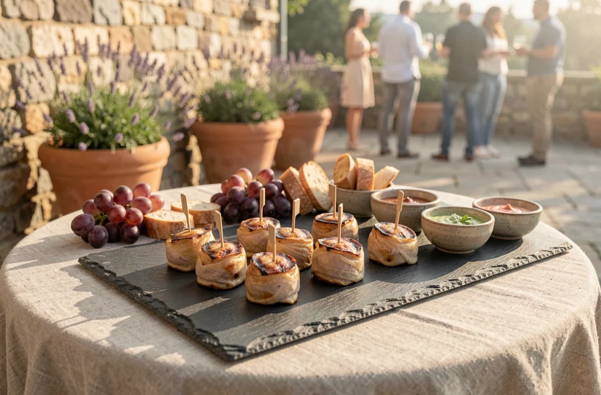 Plateau d'apéritif avec mini crépinettes grillées sur ardoise, raisins et sauces en terrasse provençale