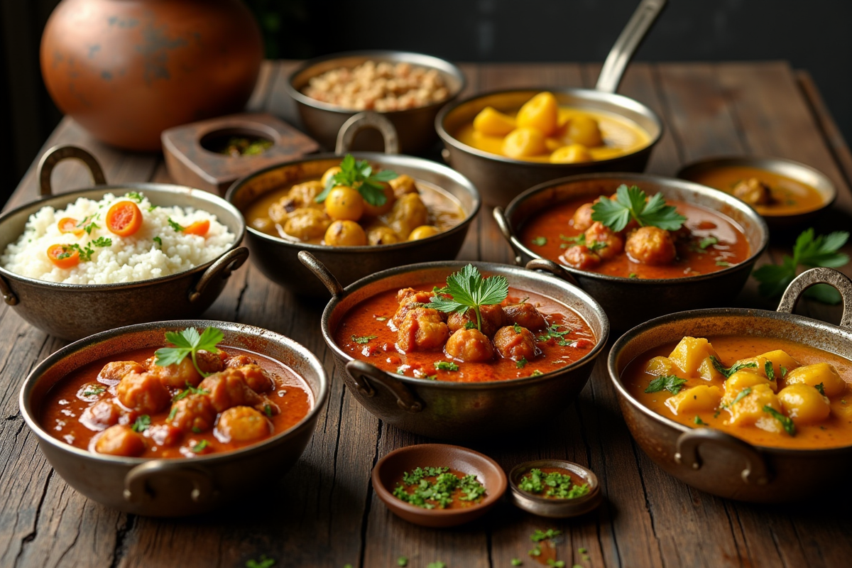 Plats sains dans différentes casseroles en métal sur table en bois