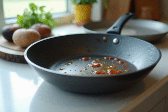 Poêle Tefal usée avec rayures et décoloration sur un plan de travail lumineux