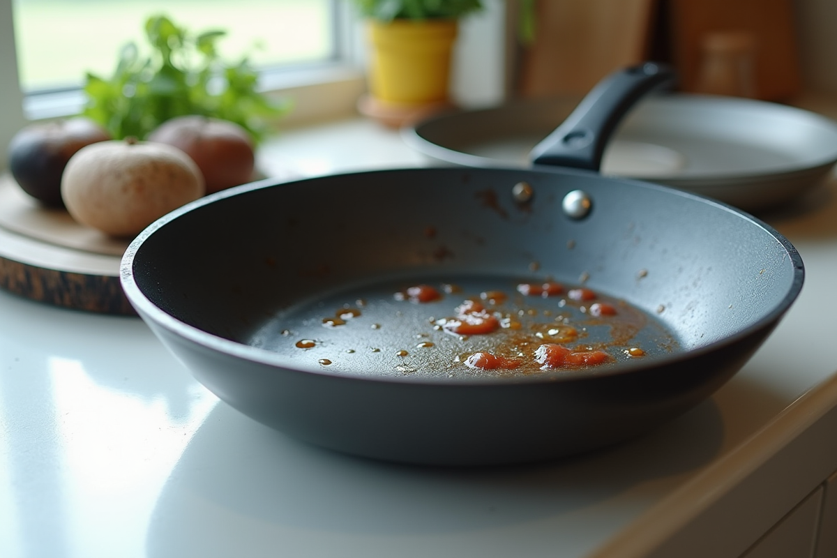 Poêle Tefal usée avec rayures et décoloration sur un plan de travail lumineux