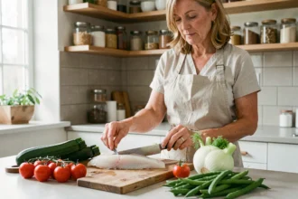 Filet de poisson blanc cru sur une planche en bois entouré de légumes frais comme la courgette, le fenouil et les tomates cerises dans une cuisine domestique