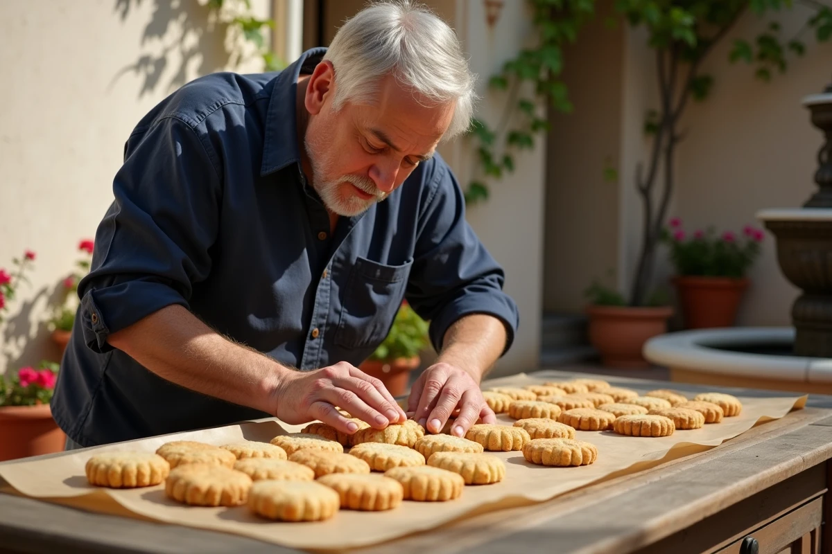 Homme arrangeant des polvorones maison sur papier sulfurisé dans un patio andalou fleuri