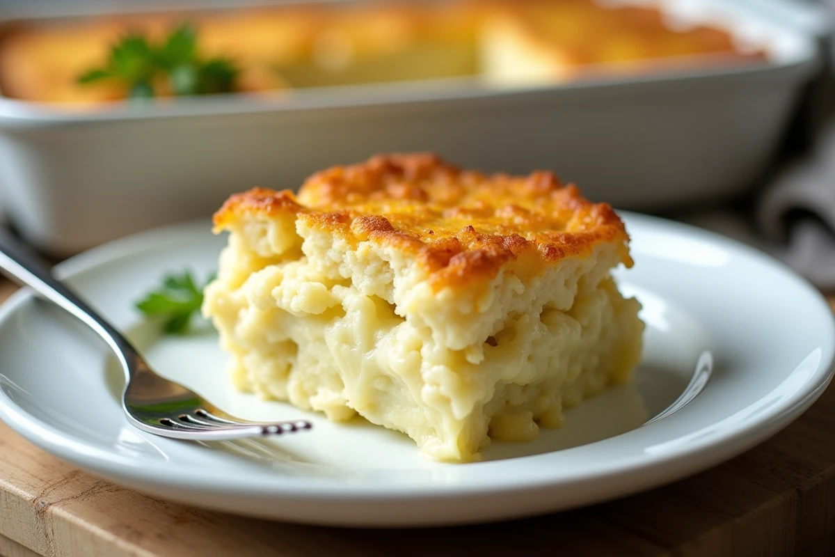 Portion de gratin de chou-fleur et pommes de terre en gros plan montrant les couches crémeuses et la croûte dorée au gruyère