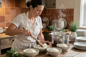 Femme portionnant du riz cuit dans des bols pour un grand repas familial