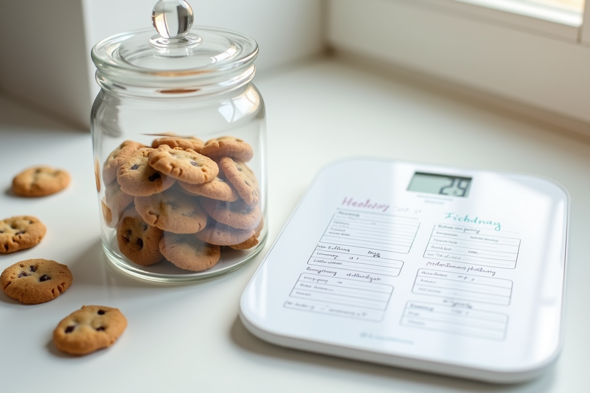 Pot de biscuits à moitié vide avec balance et planificateur santé