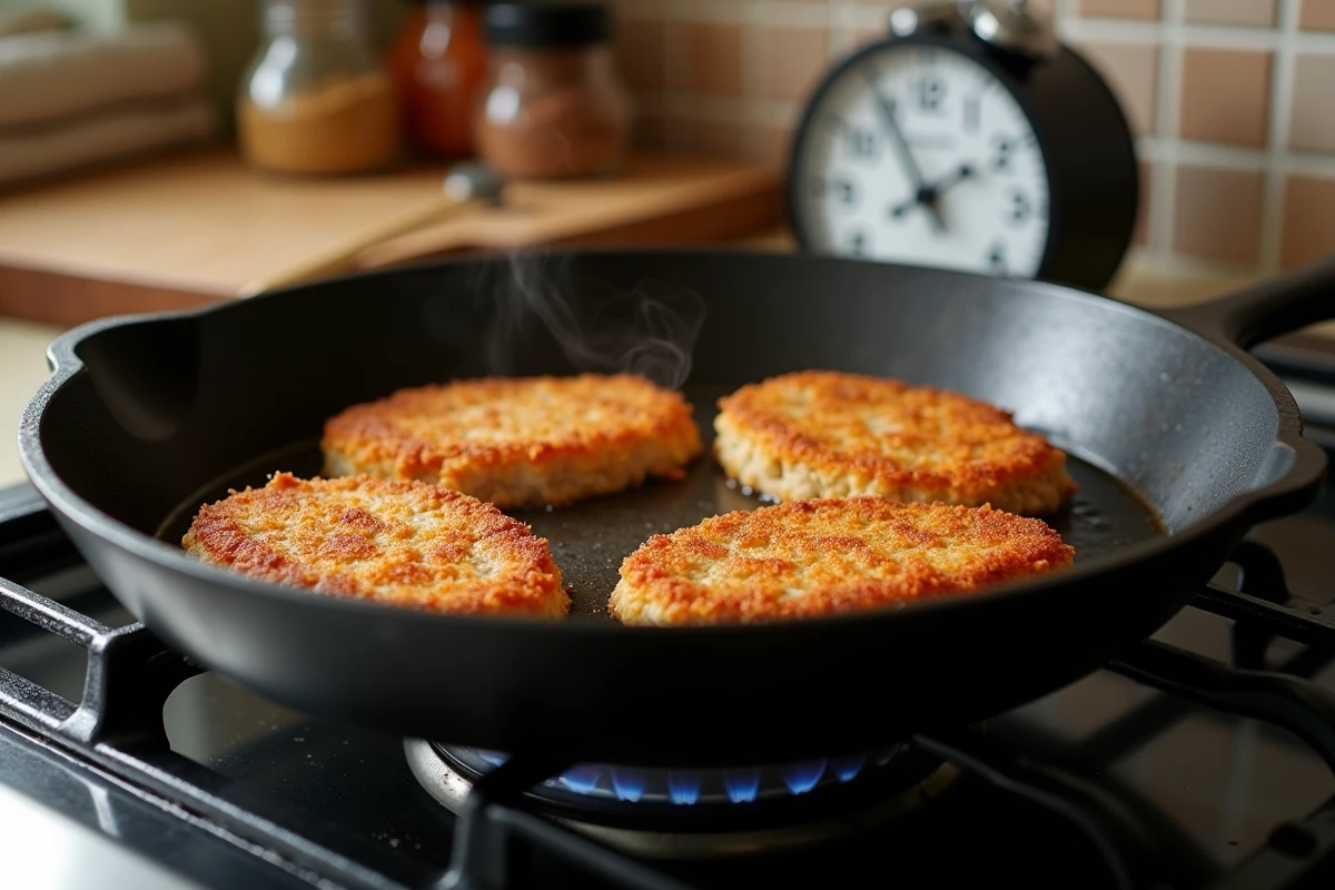 Escalopes de poulet panées en train de dorer dans une poêle en fonte sur un feu de gaz avec une minuterie réglée à 20 minutes
