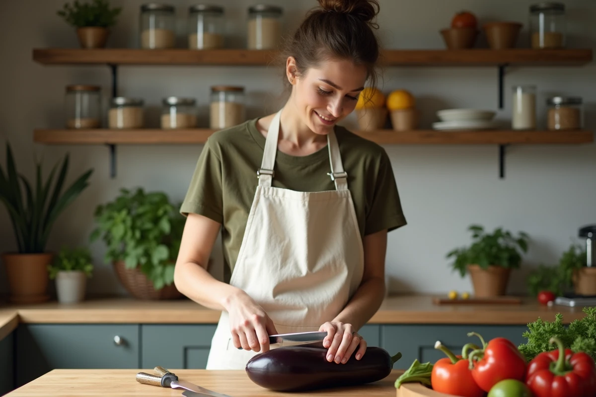 Femme préparant des aubergines fraîches sur un plan de travail en bois dans une cuisine végétalienne maison
