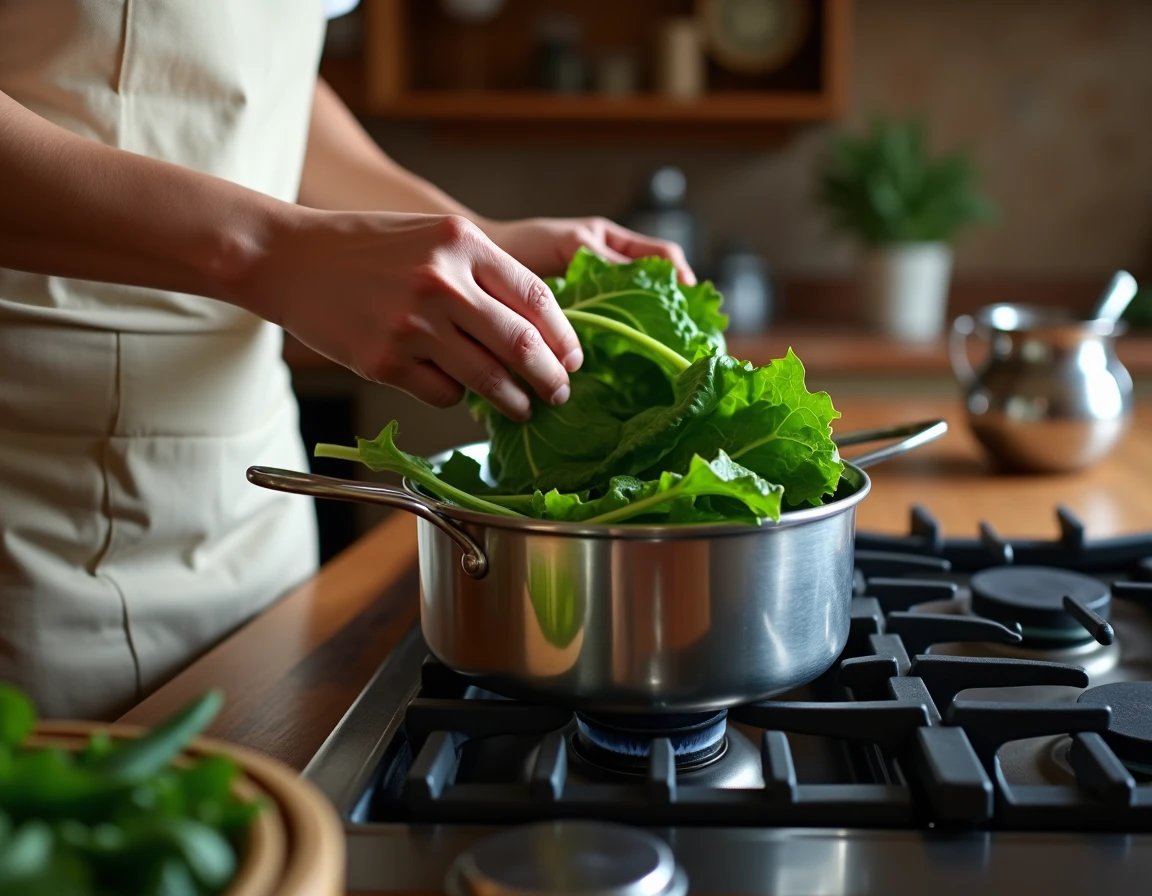 Mains préparant des côtes de blettes pour la cuisson vapeur dans une cuisine rustique