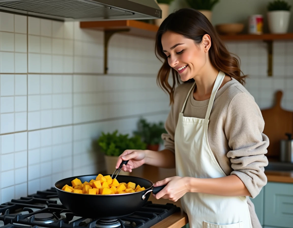 Jeune femme en tablier de lin remuant un ragoût de courge bleu de Hongrie et pois chiches dans une cocotte en fonte sur une cuisinière à gaz