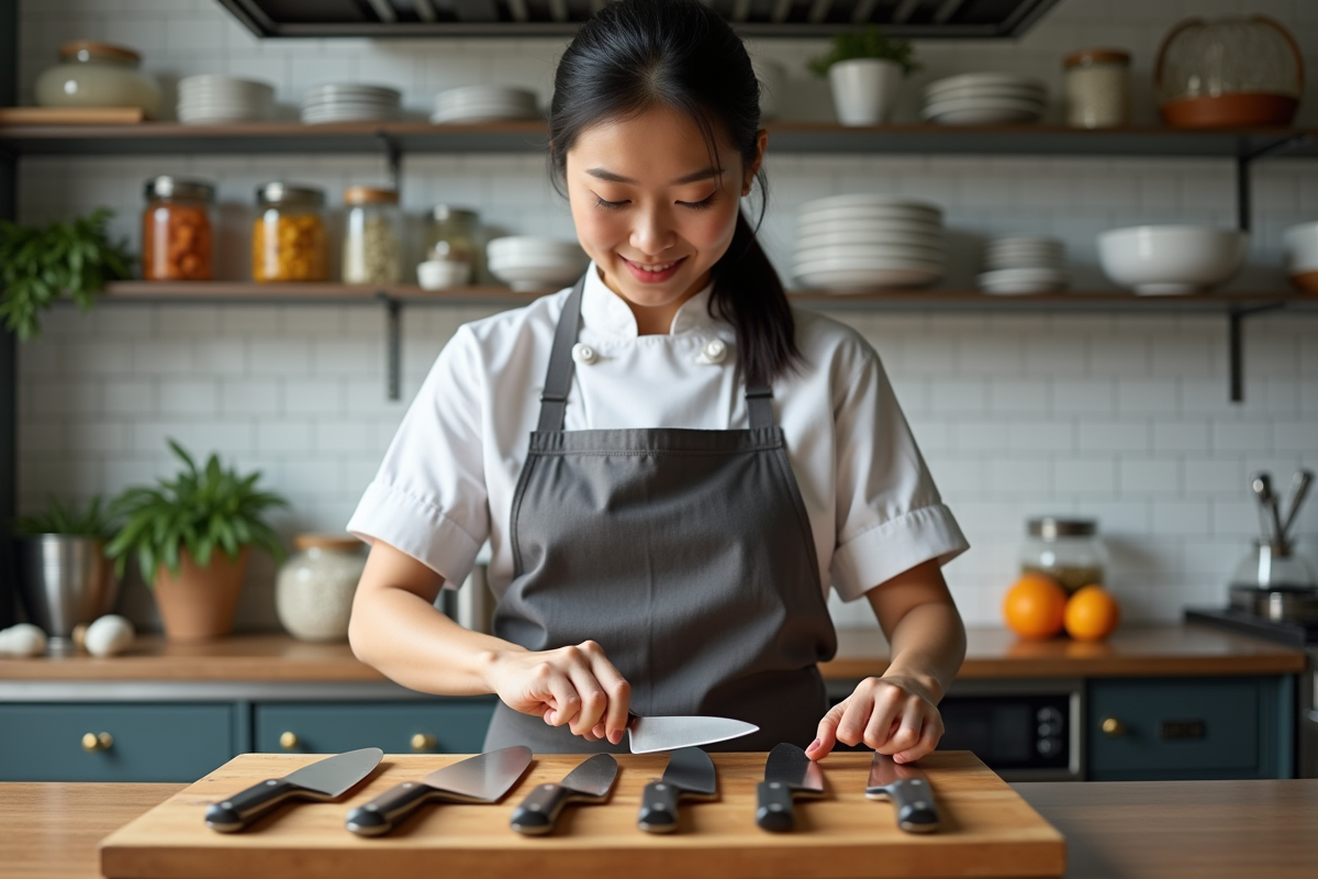 Jeune chef asiatique disposant divers couteaux professionnels